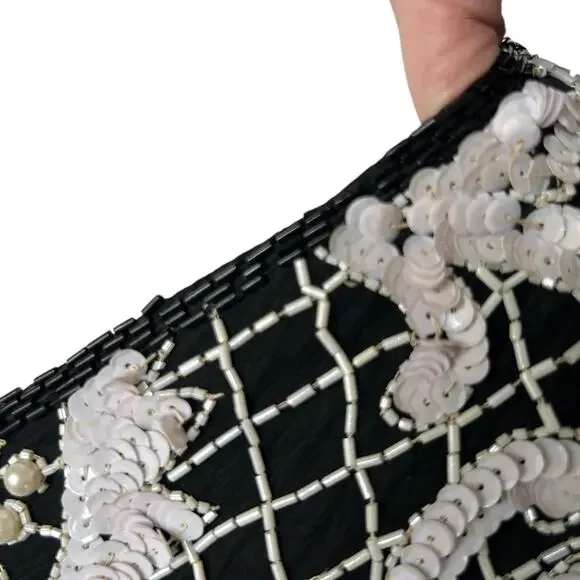 Vintage 80s Beaded Sequined Party Cocktail Mini Dress Carina Black White M Glam